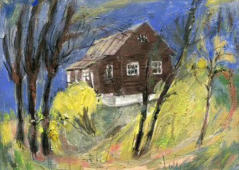Евстафьева (Софронова) Ирина Андреевна. Звенигород. Домик на горке. Бумага, темпера. 10,1х13,5. 1972. Звенигородский историко-архитектурный и художественный музей.