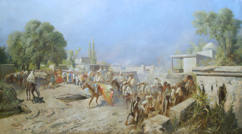 Каразин Николай Николаевич. Ташкент 16 июня 1865 года. Холст, масло. 179х332. 1890. Военно-исторический музей артиллерии, инженерных войск и войск связи.