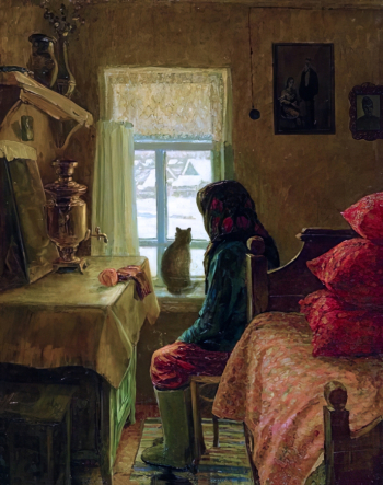Курзанов Александр Михайлович. Одиночество бабки Анюты. Холст, масло. 93х73,5. 1980. Воронежский областной художественный музей имени И.Н.Крамского.