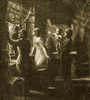 Елисеев Константин Степанович. Смотрят салют. Бумага, линогравюра. 31,2х45. Курская государственная картинная галерея имени А.А.Дейнеки.