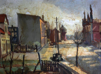 Кобелев Серафим Иванович. Городской пейзаж. Бумага, масло. 38х28. 1950-е. Ордынский историко-художественный музей.