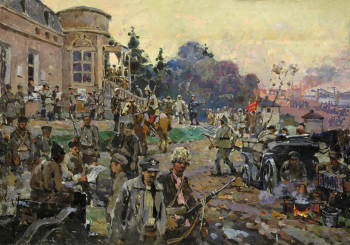 Котов Пётр Иванович. Сбор красноармейцев. Холст, масло. 59,5х84,5. Первая половина 20 века. Государственный музей изобразительных искусств Республики Татарстан.
