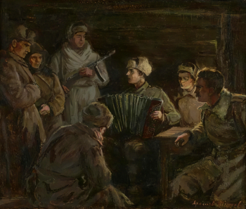 Титов Ярослав Викторович. Песня в землянке. Картон, масло. 24х30. 1949. Российский национальный музей музыки.