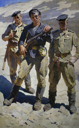 Бут Николай Яковлевич. Матросы с `Малой земли`. Холст, масло. 200х150. 1976. Центральный военно-морской музей.