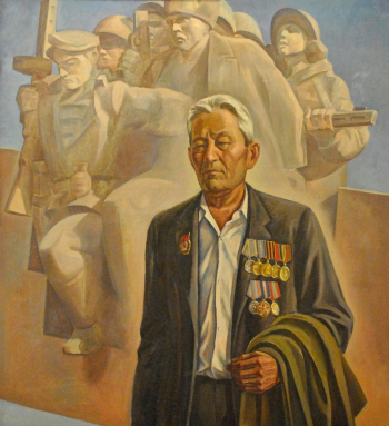 Павлов Владимир Корсунович. Участник десанта на `Малой земле` Джамбинов Г.С. Холст, масло. 130х120. 1985. Национальный музей Республики Калмыкия имени Н.Н.Пальмова.