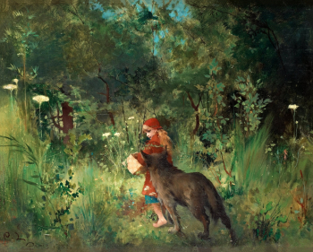 Карл Улоф Ларссон. Красная шапочка и Волк в лесу. Холст, масло. 37х45. 1881. Частная коллекция.