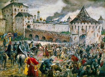 Лисснер Эрнест Эрнестович. Изгнание поляков из Кремля Пожарским в 1612 году. Бумага, акварель. 1938. Государственная Третьяковская галерея.