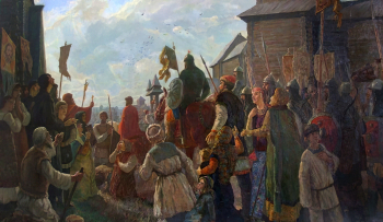 Павлов Евгений Алексеевич. Выход войска Великого князя Московского Дмитрия Ивановича Донского из Москвы в августе 1380 года. Холст, масло. 120х202. 1977-1980. Раменский историко-художественный музей.
