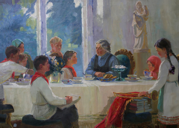 Козьмин Владимир Манасьевич. Крупская с марийскими пионерами. Холст, масло. 94х104. 1970. Национальный музей Республики Марий Эл имени Тимофея Евсеева.