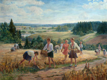 Перова Евгения Владимировна. Сбор колосьев пионерами. Холст, масло. 97х130. До 1954. Вологодский государственный историко-архитектурный и художественный музей-заповедник.