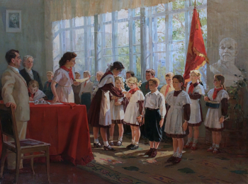 Тихий Иван Антонович. Приём в пионеры. Холст, масло. 200х150. 1943. Картинная галерея городского поселения город Ишимбай.