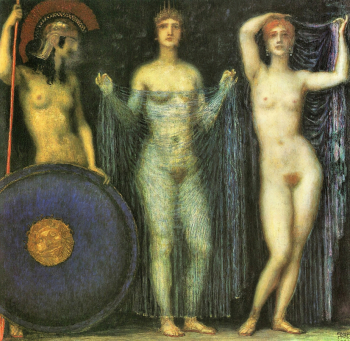 Франц фон Штук. Три богини - Афина, Гера и Афродита. Доска, масло. 73,5х74. 1923. Частное собрание.