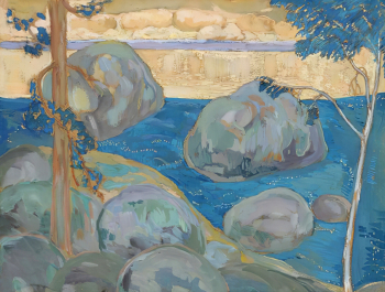 Школьник Иосиф Соломонович. Пейзаж с валунами. Картон, гуашь. 96,6х50. Саратовский государственный художественный музей имени А.Н.Радищева.
