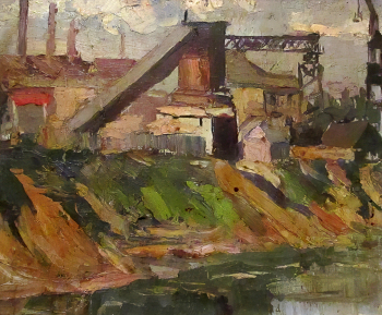 Саханов Юрий Иванович. Витебск индустриальный. Картон, масло. 36х43. 1970-е. Унечский краеведческий музей.