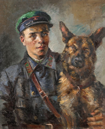 Зефиров Константин Клавдианович. Пограничник с собакой. Холст, масло. 76х61,5. 1938. Государственная Третьяковская галерея.
