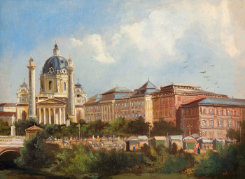 Фердинанд Лепи. Вид на Карлскирхе. Холст, масло. 21х29. До 1883 года. Частное собрание.