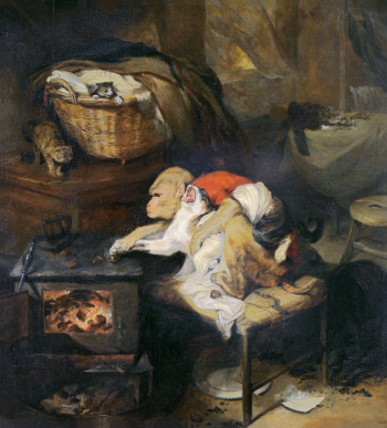 Эдвин Генри Ландсир. Кошачья лапа (Обезьяна собирает с печи горячие орехи). Доска, масло. 76,2х68,8. 1824. Институт искусств Миннеаполиса.