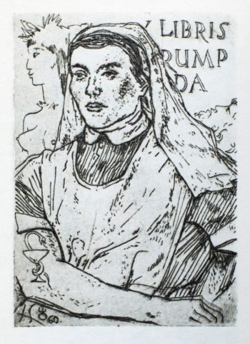 Окас Эвальд Карлович. Экслибрис. Linda Rump. Бумага, офорт. 1960. Местонахождение работы неизвестно.