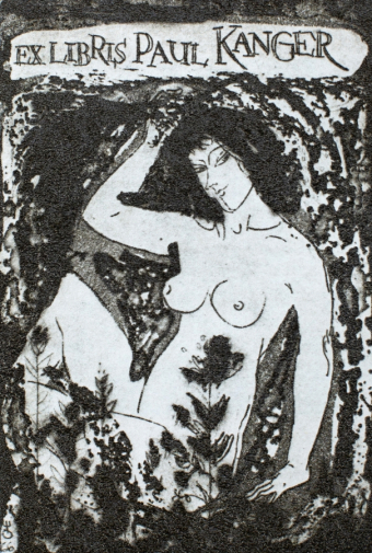 Окас Эвальд Карлович. Экслибрис. Paul Kanger. Бумага, офорт. 1966. Местонахождение работы неизвестно.