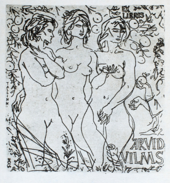 Окас Эвальд Карлович. Экслибрис. Arvid Vilms. 1966. Местонахождение работы неизвестно.