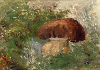 Осипова Ксения Николаевна. Белый гриб. Картон, масло. 13х18,5. 1950-е. Музей изобразительных искусств Республики Карелия.