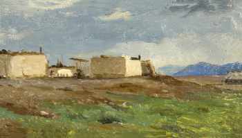 Казанцев Алексей Афанасьевич. Восточный Казахстан. Аул. Бумага, масло. 9,1х16,4. 1952. Государственный художественный музей Алтайского края.