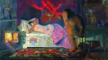 Кустодиев Борис Михайлович. Купчиха и домовой. Дерево, масло. 12,5х22,8. 1922. Частное собрание.