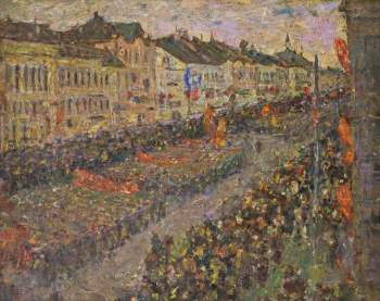 Хныгин Лазарь Алексеевич. Октябрьская демонстрация. Нижний Новгород. Холст, масло. 56,5х71. 1928. Нижегородский государственный художественный музей.