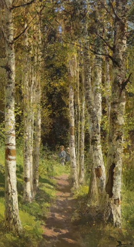 Поленов Василий Дмитриевич. Берёзовая аллея. Холст, масло. 60х31. 1880. Государственный историко-художественный и литературный Музей-заповедник Абрамцево.