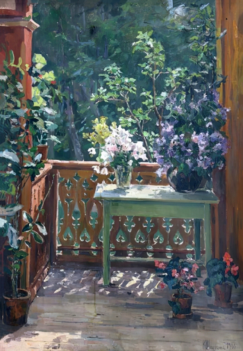 Шишкина Ксения Ивановна. Цветы на балконе. Холст, масло. 104,5х74. 1905. Дальневосточный художественный музей.