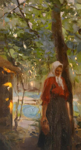 Серов Валентин Александрович. Женщина с крынкой. Холст на картоне, масло. 54,3х31. Конец 19 века. Государственный Владимиро-Суздальский историко-архитектурный и художественный музей-заповедник.