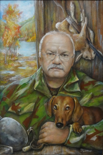 Попков Эдуард Николаевич. Портрет Охотника с собакой. Холст, акрил. 60х40. 2013. Частное собрание.