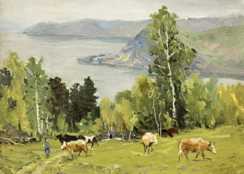 Жеребцов Михаил Фёдорович. Озеро Байкал. Картон, масло. 35х49. 1958. Государственный художественный музей Алтайского края.
