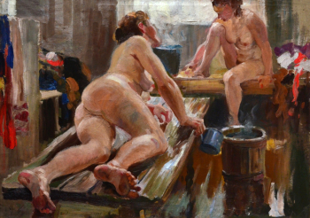 Герасимов Александр Михайлович. Деревенская баня, этюд. Холст, масло. 79х110. 1949. Тамбовская областная картинная галерея.