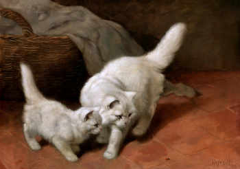 Артур Хейер. Белый персидский кот и котёнок наблюдают за божьей коровкой. Холст, масло. 49,5х69,5. До 1931 года. Частное собрание.