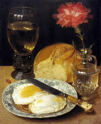 Георг Флегель. Яичница. Доска, масло. 23,6х20,2. 1600-е. Государственная галерея Ашаффенбург.