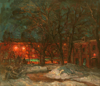 Арестов Андрей Васильевич. Ночь. У аптеки на Ленинском. Холст, масло. 38,5х46. 1992. Государственный художественный музей Алтайского края.