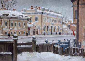 Гроховский Владимир Григорьевич. Зимний пейзаж с аптекой. Картон, масло. 35х49. 1956. Томский областной художественный музей.