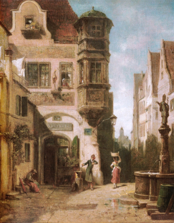 Карл Шпицвег. У аптеки. Доска, масло. 31,7х26,5. 1878. Частное собрание.