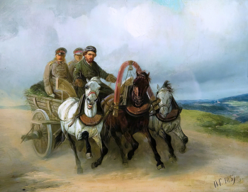 Грузинский Пётр Николаевич. Почтовая тройка. Картон, масло. 25х33. 1859. Воронежский областной художественный музей имени И.Н.Крамского.