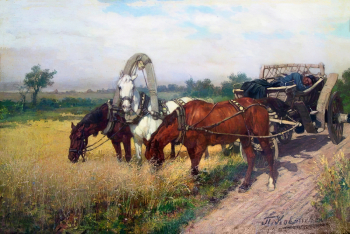 Ковалевский Павел Осипович. Тройка во ржи. Холст, масло. 26,5х39. 1886. Астраханская государственная картинная галерея имени П.М.Догадина.