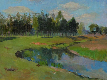 Лекомцев Константин Михайлович. Летний пейзаж. Холст, масло. 21х28,5. 20 век. Историко-этнографический музей-заповедник Шушенское.
