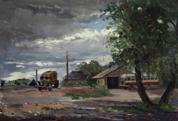 Кобелев Серафим Иванович. Автобусная остановка. Картон, масло. 35х25. 1950-е. Ордынский историко-художественный музей.