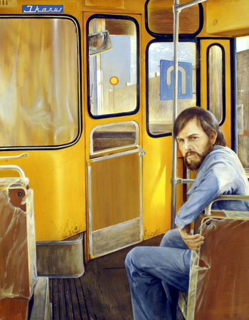 Крыжевский Ян Юлианович. Первый автобус. Картон, темпера. 121х96. 1975-1982. Вологодская областная картинная галерея.