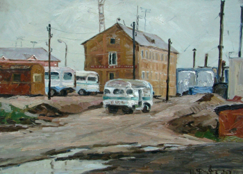 Фирер Илья Аронович. Автобусный парк. Картон, масло. 50х69. 1983. Музей современного искусства ЕАО.