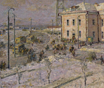 Хныгин Лазарь Алексеевич. Автовокзал. Холст, масло. 59,5х68,5. 1966. Нижегородский государственный художественный музей.