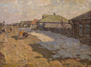 Хныгин Лазарь Алексеевич. Весна в посёлке. Холст, масло. 58,8х79. 1946. Нижегородский государственный художественный музей.