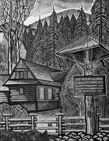 Ахунов Масабих Фатхулисламович. Польша. Деревня Белый Дунаец. Музей В.И.Ленина. Бумага, линогравюра. 51,8х40,1. 1970-е. Рыбинский государственный историко-архитектурный и художественный музей-заповедник.
