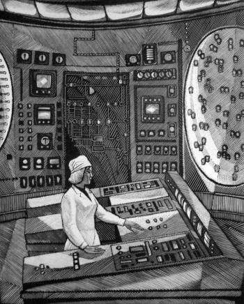 Ахунов Масабих Фатхулисламович. У пульта управления. Из серии `Индустрия Черноземного края`. Бумага, линогравюра. 65х52. 1972. Брянский областной художественный музейно-выставочный центр.