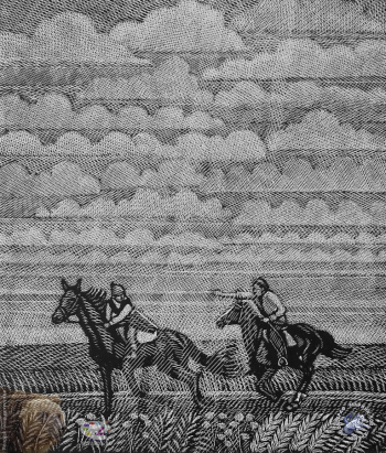 Ахунов Масабих Фатхулисламович. Всадники. Бумага, линогравюра. Архив Дома отдыха `Челюскинская`.